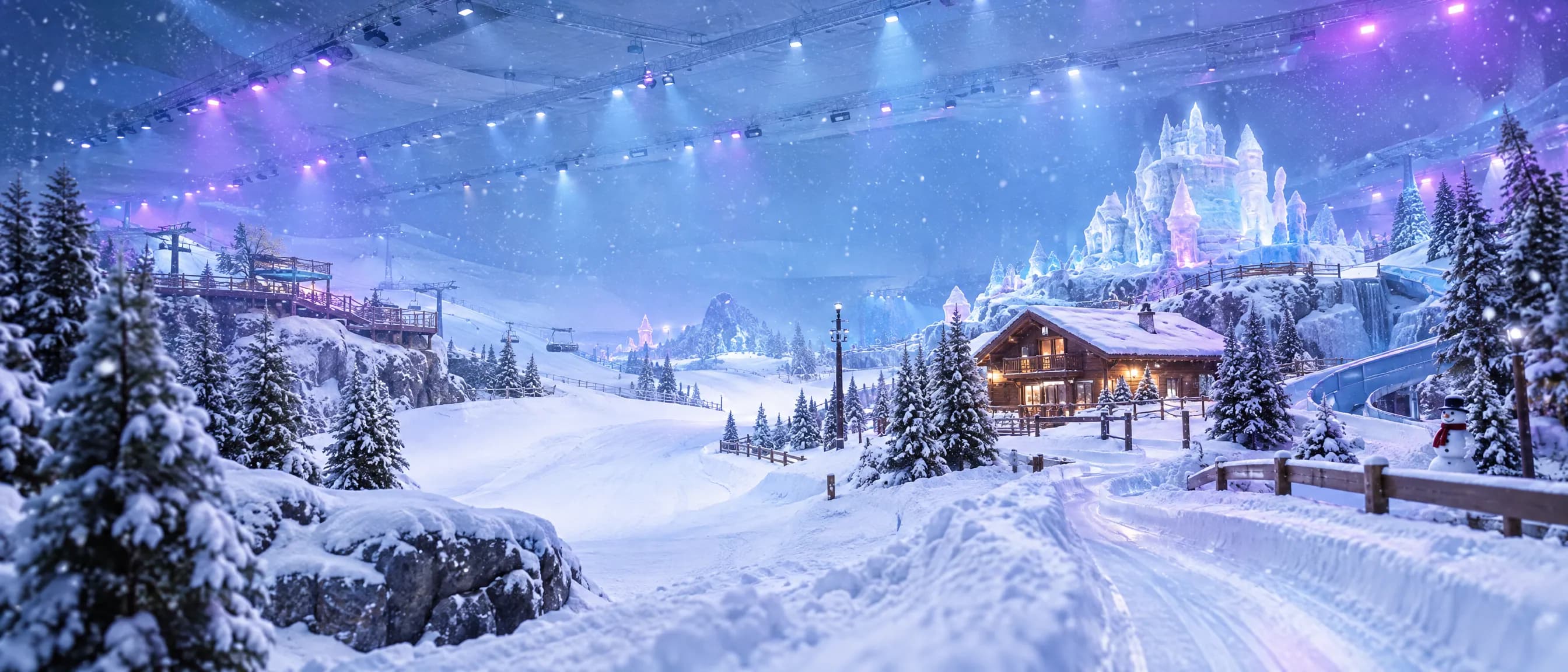 Inside the Imagicaa Snow Park: real snow slopes, a toboggan run and a small chalet under falling snow