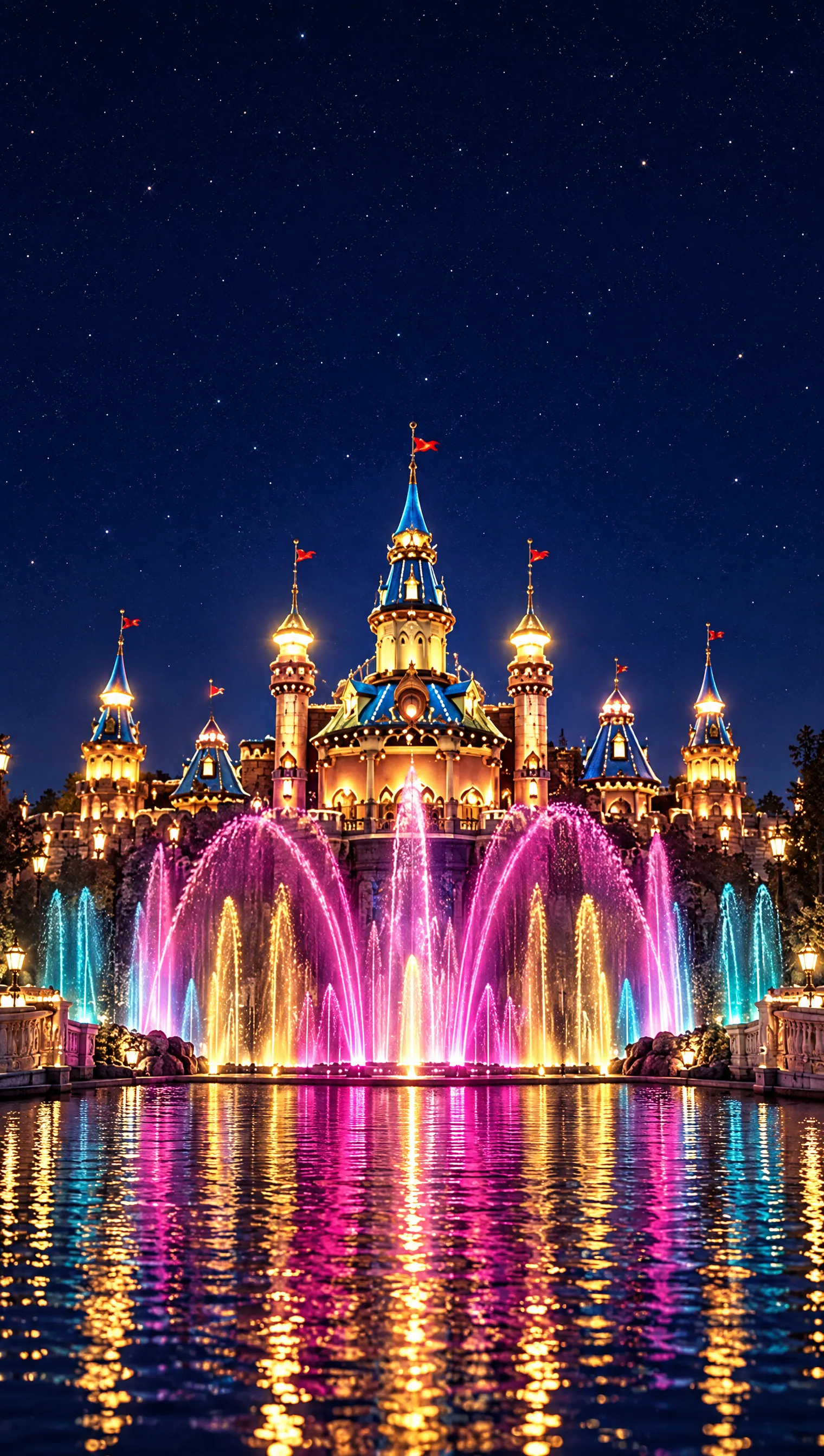 The Imagicaa castle lit up in gold at night, with the musical fountain in front